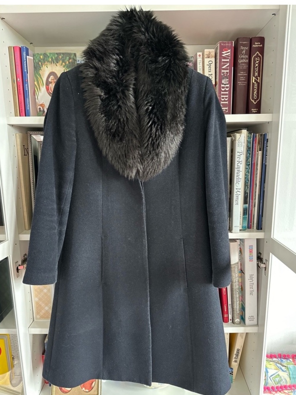 Louis Feraud Black Wool Coat Faux Fur Collar Size 6